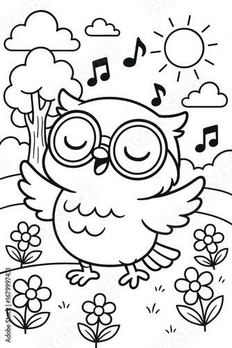 Cheerful owl singing in a sunny meadow coloring page illustration
