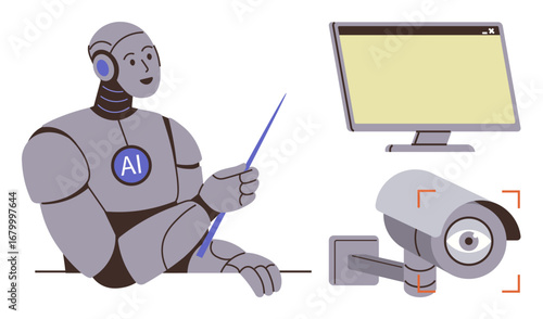 AI robot holding a pointer, blank monitor screen, and surveillance camera. Ideal for artificial intelligence, technology, data analysis, machine learning, automation, cybersecurity innovation