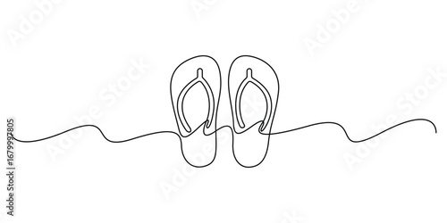 Flip flops in one continuous line drawing, Single line art element, minimalist sketch line vector illustration, Summer travel holiday concept. Doodle vector illustration
