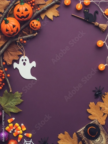 Halloween Background with Pumpkins and Autumn Decorations, Spooky Holiday Design