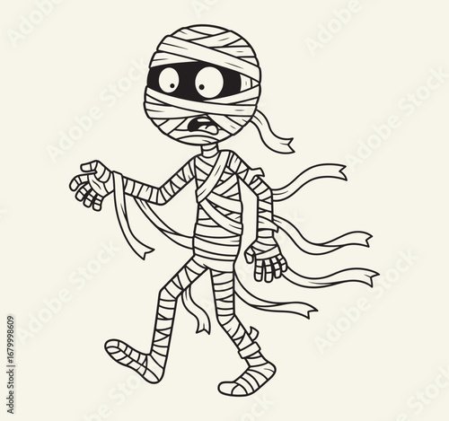 A frightened mummy with wide eyes and a shocked expression stumbles forward