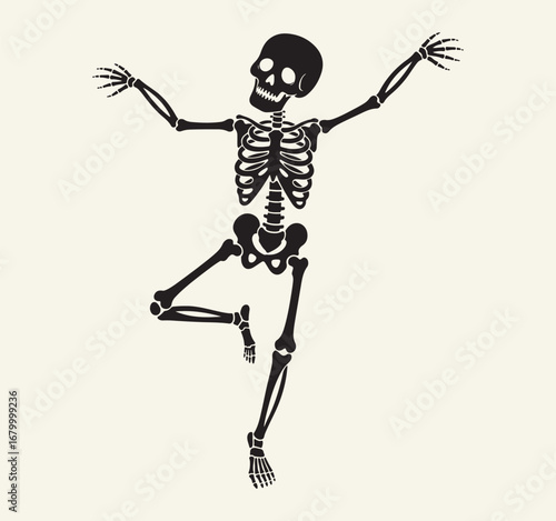 A dark silhouette of a happy skeleton dancing with one leg and arms up