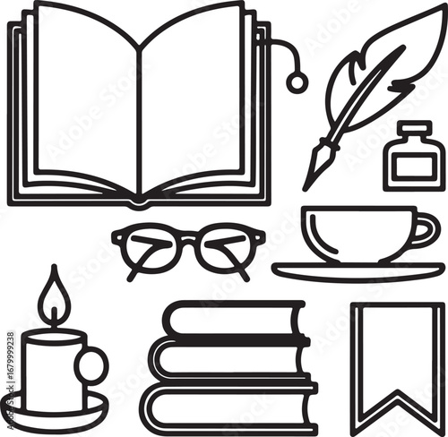 Creative Writing Outline Icons Set Open Journal, Quill Pen, Ink Bottle, Coffee Cup, Candle, Stack of Books, Glasses, and Bookmark