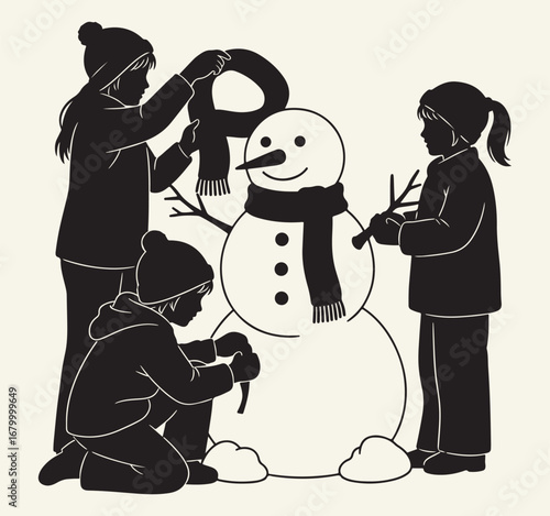 A brother and sister putting the finishing touches on a snowman they built together