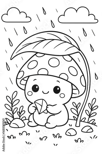 Cute mushroom hiding from rain under leaf in forest coloring page design
