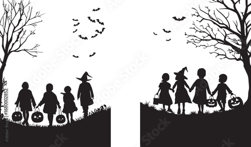 Halloween kids trick or treating silhouette vector illustration spooky celebration autumn season holiday