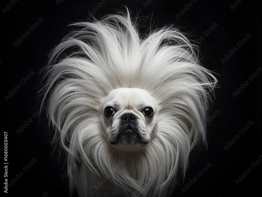 Naklejka premium A French Bulldog styled with an extravagant, flowing mane of long, silky white hair, giving it a regal and majestic appearance against a dark background.