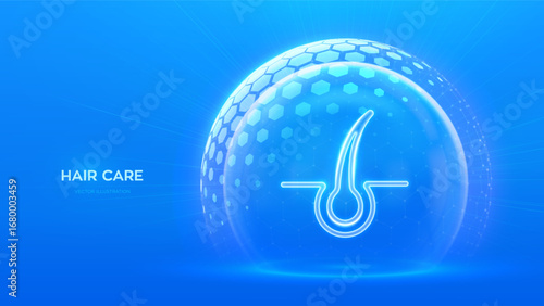 Hair care and protection concept. Hair loss prevention. Anti-hair loss treatment. Trichology. Hair icon inside protection sphere shield with hexagon pattern on blue background. Vector illustration.