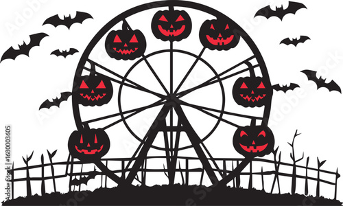 Halloween ferris wheel with pumpkin faces and bats vector illustration spooky theme
