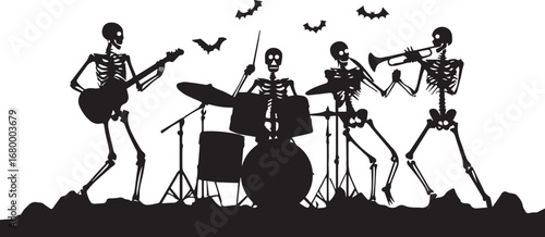 Halloween skeleton band playing music vector illustration spooky concert silhouette design