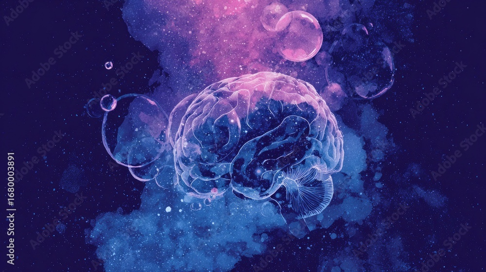 Fototapeta premium Translucent brain with dream bubbles containing galaxies under a starry night sky.