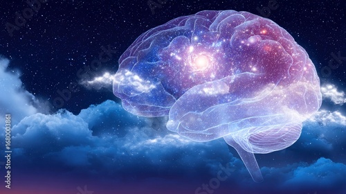 Translucent brain with dream bubbles containing galaxies under a starry night sky.