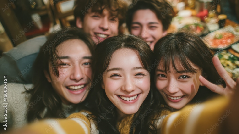 Fototapeta premium A joyful group of friends taking a selfie, showcasing smiles and camaraderie in a cozy setting filled with food.