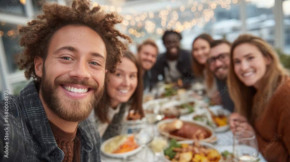 Fototapeta premium A joyful gathering of friends sharing a meal, surrounded by festive lights, capturing happy moments and delicious dishes together.