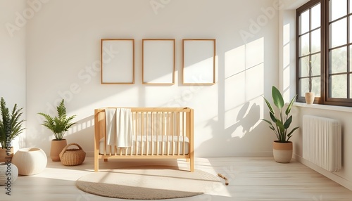 Minimalist Nursery Room with Wooden Crib and Natural Decor