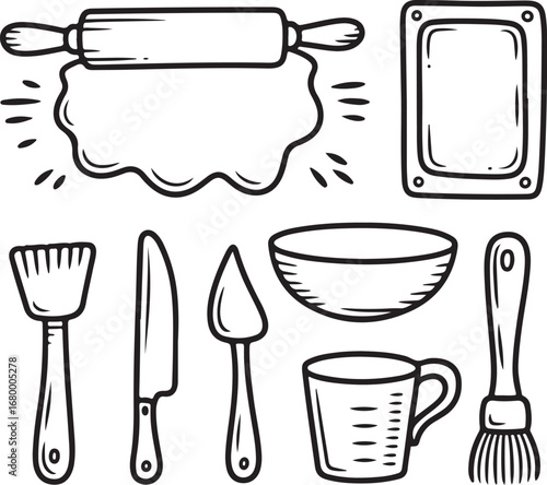 Hand-Drawn Dough & Rolling Pin Icon Pack Rolling Dough, Pin, Baking Sheet, Bowl, Spatula, Knife, Measuring Cup, and Pastry Brush