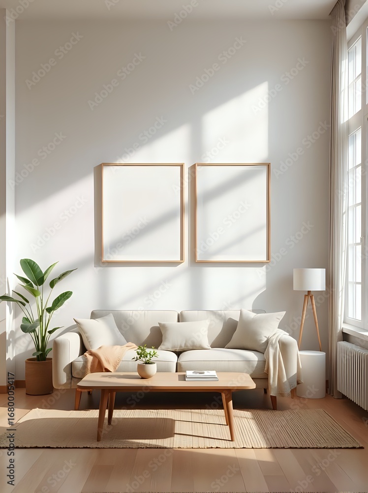 Fototapeta premium Minimalist Living Room with Two Blank Canvas Prints