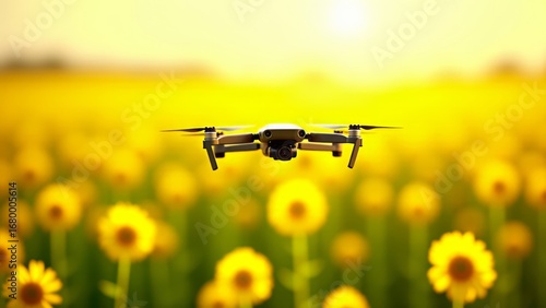 Drone flying over field of yellow flowers