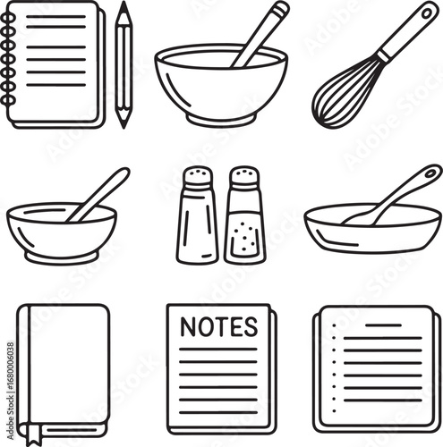 Hand-Drawn Recipe Doodles Icon Pack Journal Page, Pencil, Bowl, Whisk, Salt & Pepper Shakers, Pan, Notes Section, and Bookmark