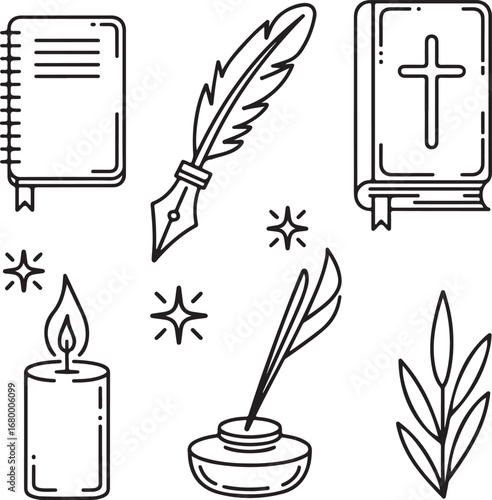 Hand-Drawn Religious Writing Icon Pack Notebook, Fountain Pen, Holy Book, Candle, Feather Quill, Star Doodles, Incense, and Plant