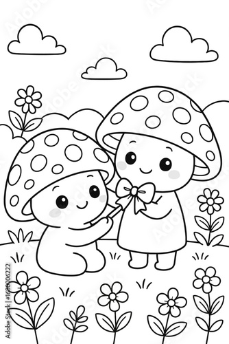 Two cute mushrooms wearing bow tie in a field of flowers coloring page