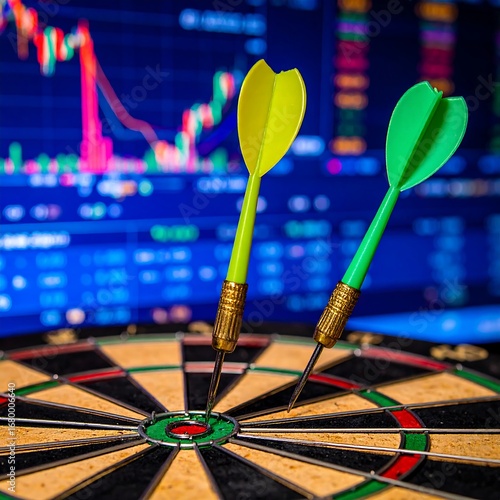 Darts on a dartboard in front of a stock market graph.