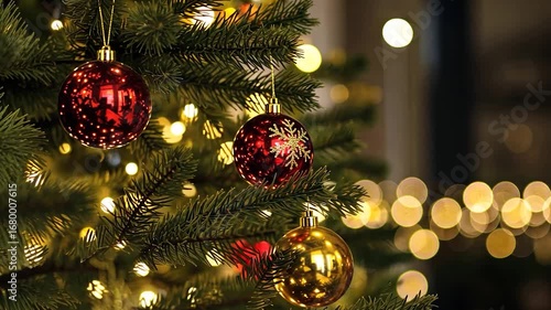 Wallpaper Mural Festive Christmas tree adorned with red and gold ornaments, bathed in warm, ambient light. Torontodigital.ca