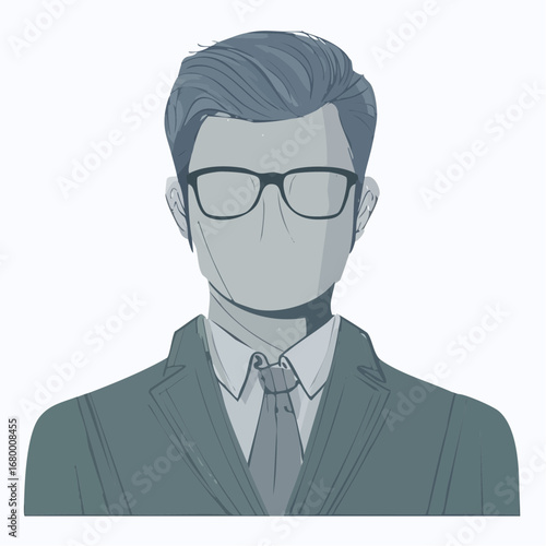 Minimalist vector illustration of a faceless businessman in a suit and glasses, an anonymous male avatar portrait on an isolated white background
