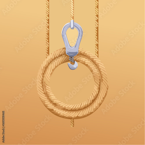 Vector illustration of a strong braided safety rope coiled and hanging from a heavy-duty metallic hook against a clean isolated background