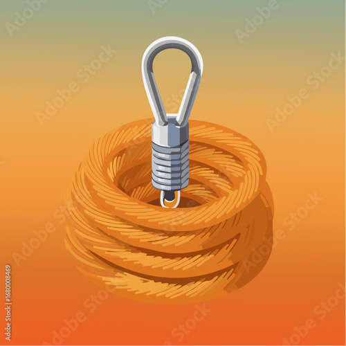 Vector illustration of a coiled orange safety rope with a strong braided texture and a metallic thimble hook, isolated on a warm gradient background
