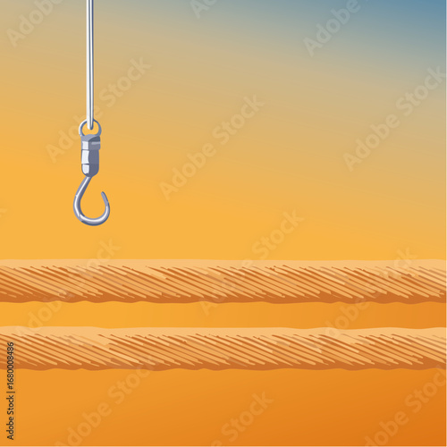 A detailed vector graphic of a heavy-duty braided rope and a steel swivel hook, illustrating concepts of industrial safety, construction, and support