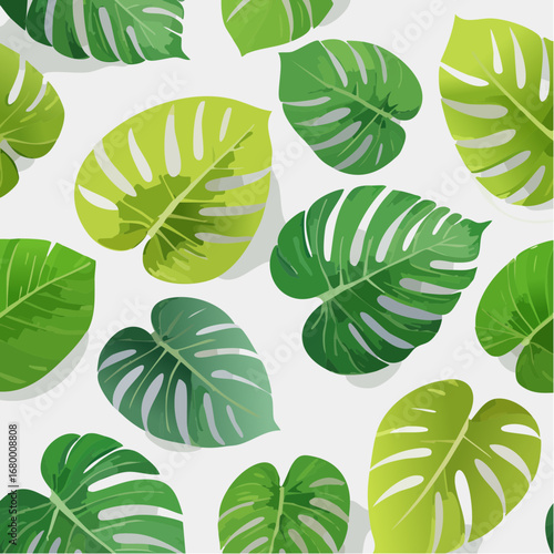 A detailed seamless vector pattern featuring various green tropical monstera leaves with soft shadows creating a realistic layered effect