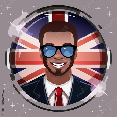 Portrait illustration of a confident Black businessman in sunglasses on a circular United Kingdom flag background with a metallic border