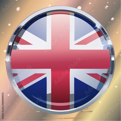 Vector illustration of a glossy button featuring the flag of the United Kingdom with a realistic chrome metal frame on a sparkling gold background
