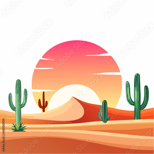 A vibrant vector illustration of a desert landscape at sunset, featuring prominent sand dunes and tall saguaro cacti under a warm, glowing sun