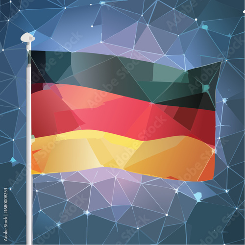Vector illustration of the German national flag with a modern polygonal crystal effect on a futuristic blue network background