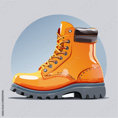 A detailed vector illustration of a rugged orange work boot with a thick sole and laces, isolated on a simple background