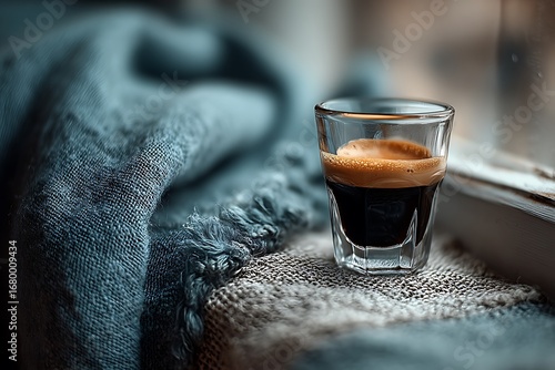 Espresso shot in a glass on window sill with blanket with warm, cozy, and natural light.