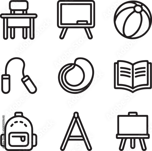 Indoor & Outdoor Learning Vector Icons Collection Classroom Desk, Chalkboard, Ball, Jump Rope, Storybook, Backpack, and Art Easel
