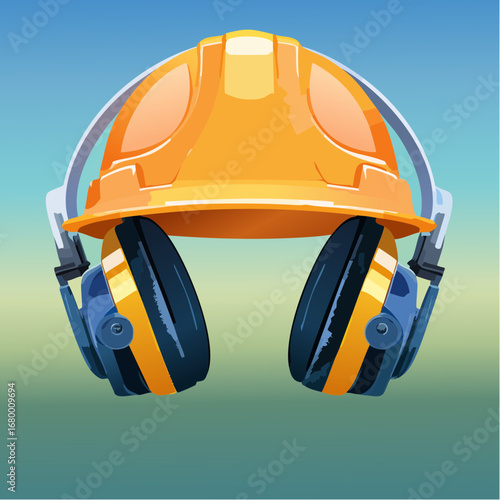 Vector illustration of an industrial safety helmet with attached earmuffs. Concept of personal protective equipment for construction and occupational health