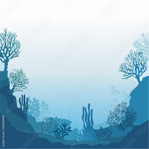 A serene underwater landscape vector illustration featuring waving coral reefs and seaweed silhouettes against a soft blue gradient background