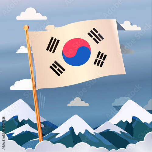 Stylized vector illustration of the South Korean flag flying over a majestic, snow-capped mountain range against a cloudy sky with a layered depth effect