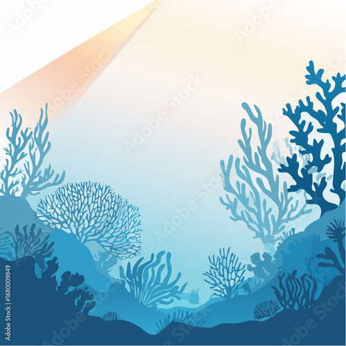 A serene vector illustration of an underwater coral reef scene with silhouettes and a glowing ray of light creating a layered depth illusion