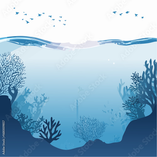 Blue silhouette of an underwater coral reef landscape with the ocean surface and birds flying in the sky above
