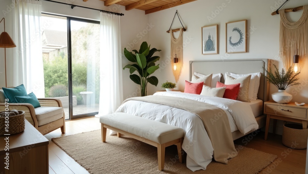 Fototapeta premium A bright and airy bedroom with a view.