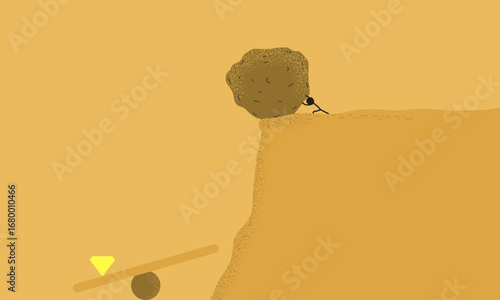 Minimal Illustration of a Person Pushing a Large Boulder Off a Cliff, Aiming to Move a Seesaw to Get a Golden Diamond