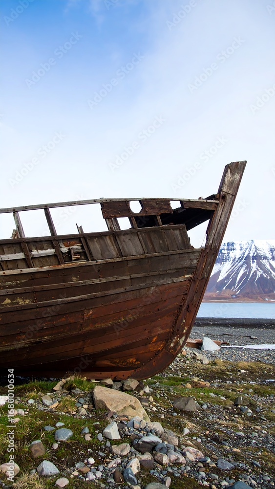 Fototapeta Decaying wooden shipwreck on the shore