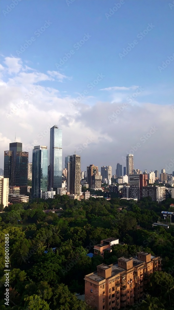 Fototapeta premium Cityscape view with trees and buildings