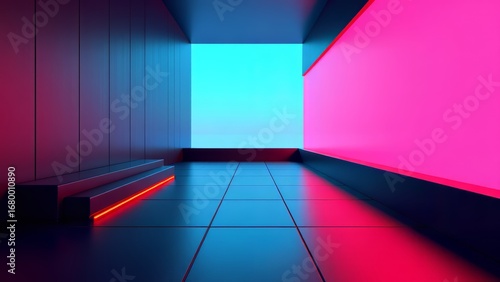 Neon lit corridor with blue and pink light