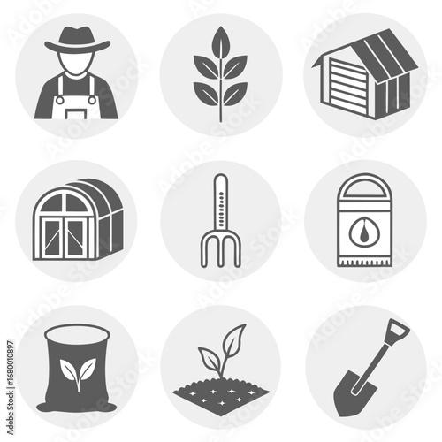 Collection of agricultural and farming elements in a circular icon arrangement design style